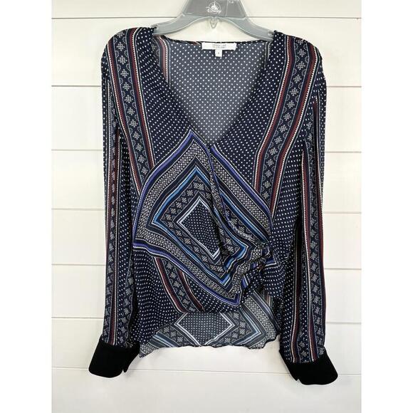 Derek Lam 10 Crosby Long Sleeve V-Neck Swirl Print Womens Blue Top Size 4 Silk - Picture 2 of 10